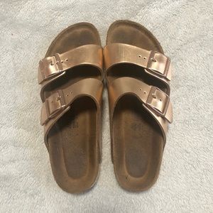 rose gold shiny birkenstocks